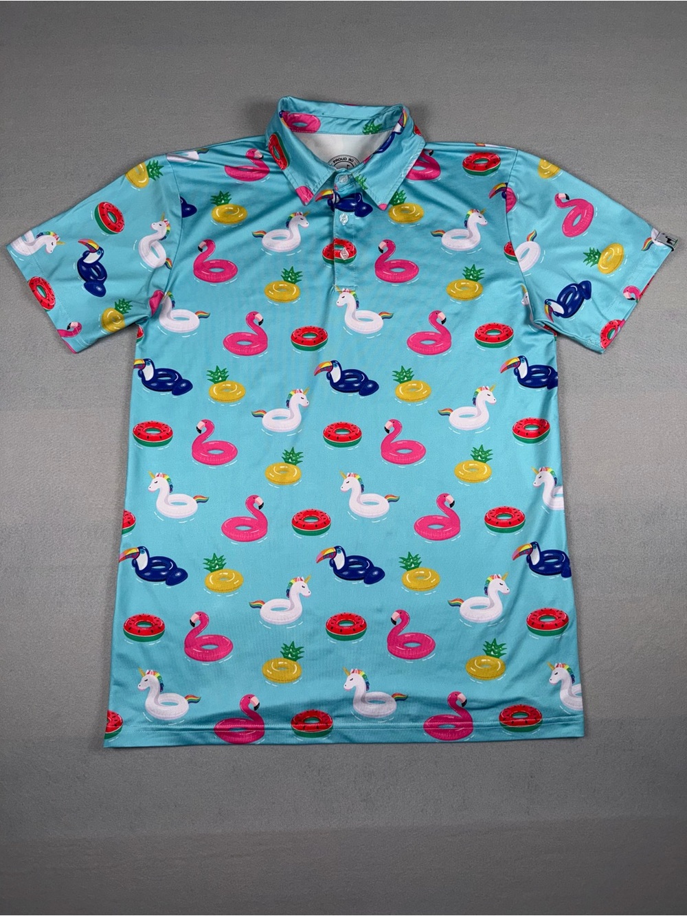 Proud 90 Golf Is Fun Men's M Polo Flamingo Beach Pool Float Birds Print Shirt